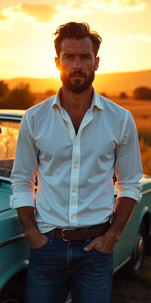 Flat lay of men’s fashion essentials for 2025 – shirt, sneakers, trousers